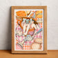 2 women reading and sleeping while enjoying a bath in a large cup of tea, illustrated print by Ana Jarén