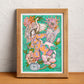 A young woman has just woken up in a soft interior filled with small details, illustrated print by Ana Jarén