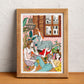 Three women share a relaxed moment in a room filled with plants, illustrated print by Ana Jarén