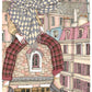 A figure looks out over the city of Paris from a rooftop, surrounded by architecture and the lines of the buildings, illustrated print by Ana Jarén