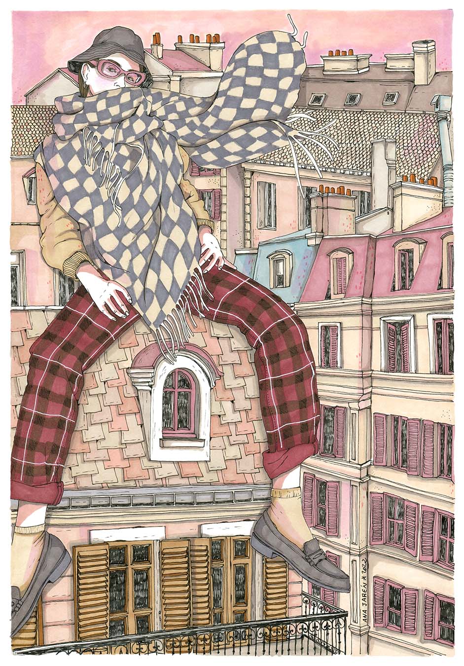 A figure looks out over the city of Paris from a rooftop, surrounded by architecture and the lines of the buildings, illustrated print by Ana Jarén