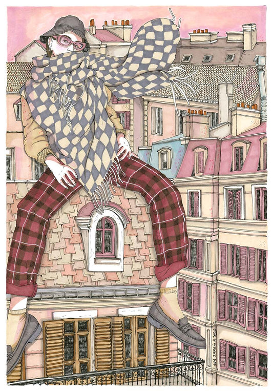 A figure looks out over the city of Paris from a rooftop, surrounded by architecture and the lines of the buildings, illustrated print by Ana Jarén