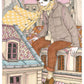 Vista de una ciudad desde las alturas, con tejados, chimeneas y fachadas, lámina ilustrada de Ana Jarén