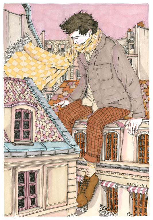 City viewed from above, with rooftops, chimneys and façades, illustrated print by Ana Jarén