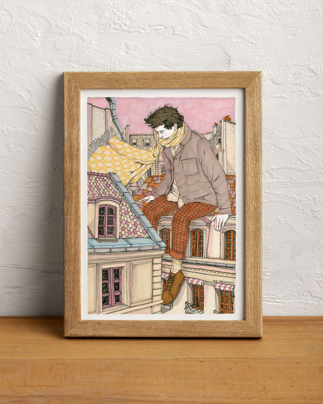Vista de una ciudad desde las alturas, con tejados, chimeneas y fachadas, lámina ilustrada de Ana Jarén