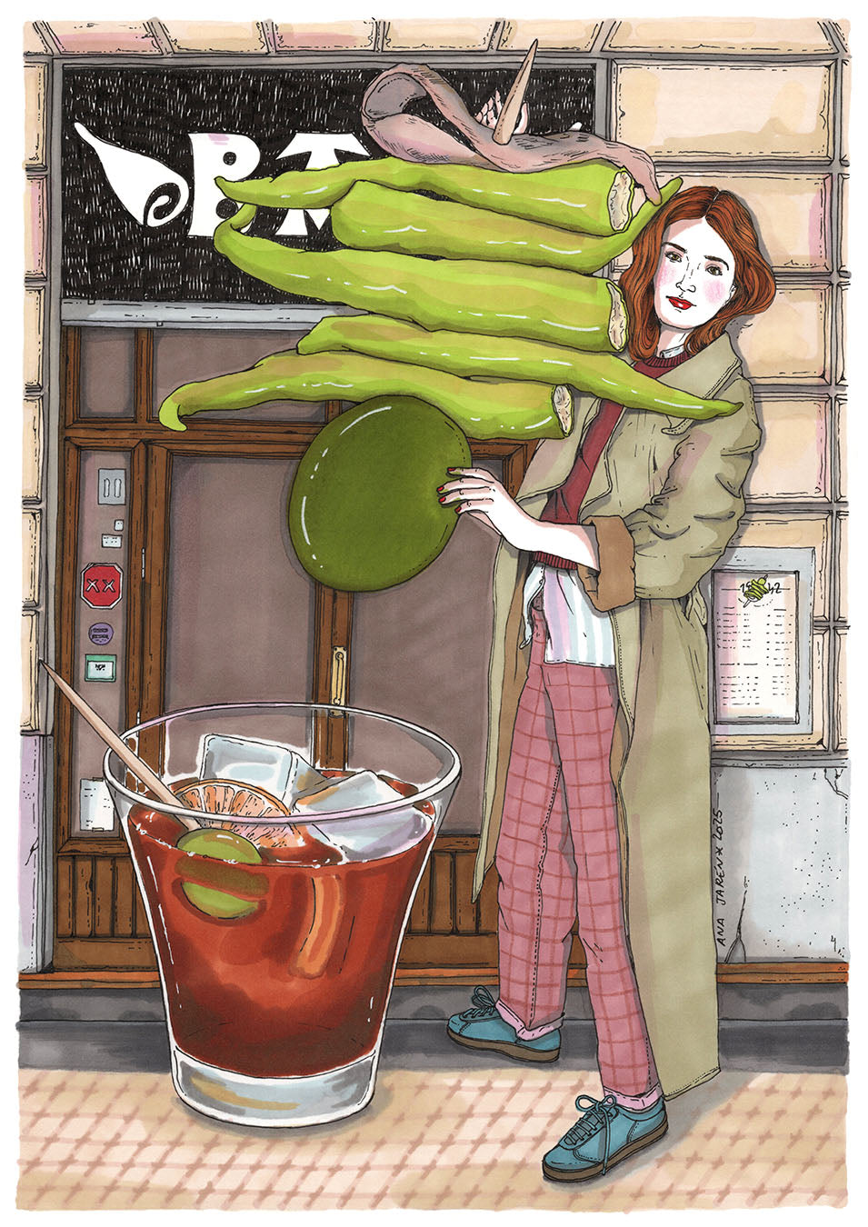 Pintxo Gilda y vermut en una escena de aperitivo marcadamente española, lámina ilustrada por Ana Jarén