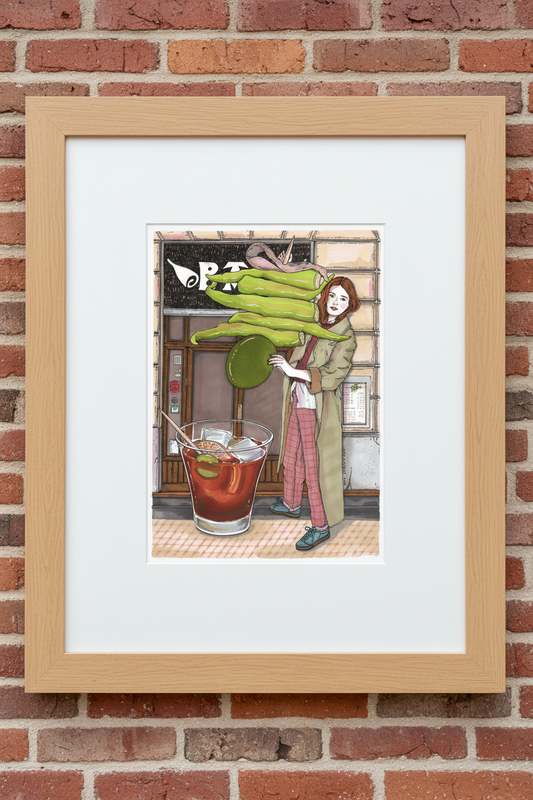 Gilda pintxo and vermouth in a distinctly Spanish aperitif scene, illustrated print by Ana Jarén