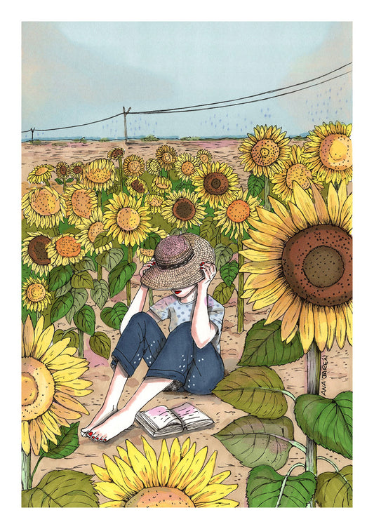 Tournesols aux grands pétales jaunes et feuilles vertes, affiche illustrée par Ana Jarén
