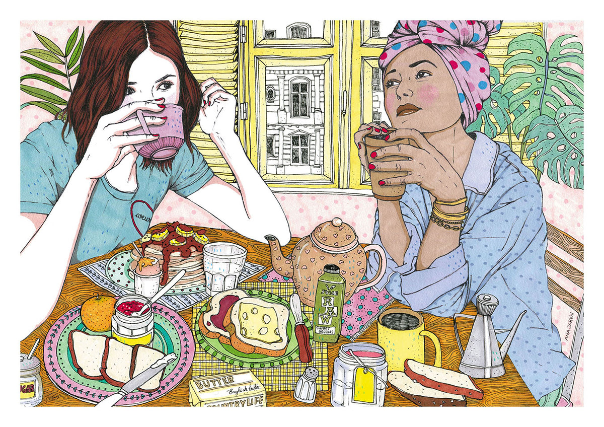 Dos amigas comparten un momento tranquilo y cercano, disfrutando de una conversación y de la compañía mutua en una escena que celebra la confianza y la amistad, lámina XL ilustrada de Ana Jarén