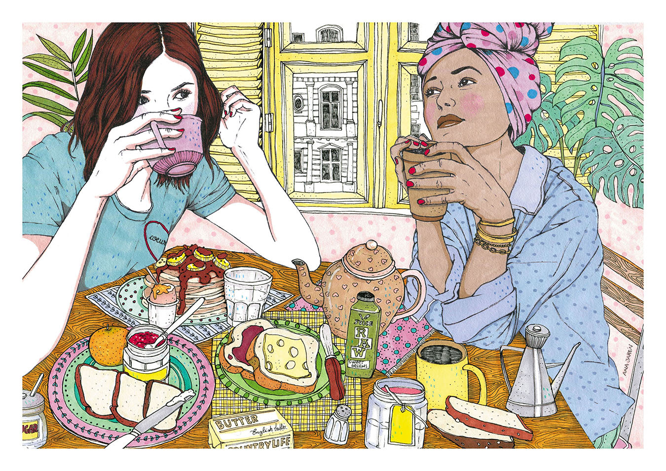 Dos amigas comparten un momento tranquilo y cercano, disfrutando de una conversación y de la compañía mutua en una escena que celebra la confianza y la amistad, lámina XL ilustrada de Ana Jarén