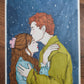 Sous un ciel bleu étoilé, une figure rousse se penche pour embrasser le front d’une personne aux cheveux longs, œuvre originale d’Ana Jarén.