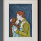 Présentation encadrée de Cosmic Comfort IV, œuvre originale d’Ana Jarén montrant un baiser sur le front sous un ciel étoilé.