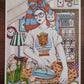 Une femme repasse un vêtement orange à pois avec un chat sur l’épaule et une serviette rayée autour des cheveux, œuvre originale d’Ana Jarén.