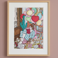 Présentation encadrée de Balloons, œuvre originale d’Ana Jarén montrant une femme lisant dans un fauteuil rose sous des ballons.