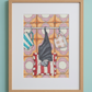 Présentation encadrée de Sleeping Bat, œuvre originale d’Ana Jarén montrant une petite chauve-souris endormie entre des mugs.