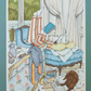 Une femme en maillot rayé se détend dans un fauteuil rempli de coussins tandis qu’un teckel repose sur le tapis, œuvre originale d’Ana Jarén.