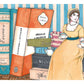 Jane Austen appears surrounded by books and references to her literary world, turning reading and writing into the heart of the scene, illustrated print by Ana Jarén