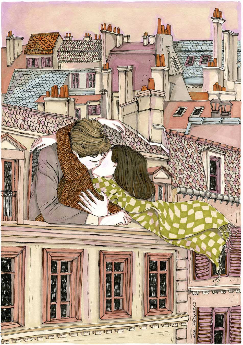 Pareja compartiendo un momento romántico en París, lámina ilustrada de Ana Jarén
