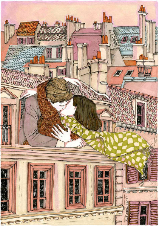 Couple sharing a romantic moment in Paris, illustrated print by Ana Jarén