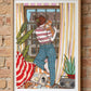 Red-haired figure looking out of a window surrounded by plants, coffee and a cat, art print by Ana Jarén