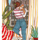 Red-haired figure looking out of a window surrounded by plants, coffee and a cat, art print by Ana Jarén
