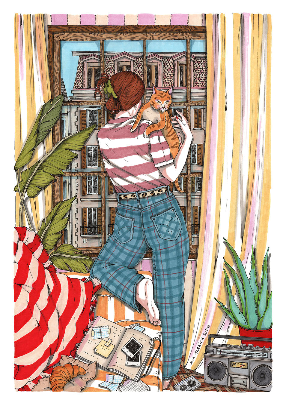 Red-haired figure looking out of a window surrounded by plants, coffee and a cat, art print by Ana Jarén