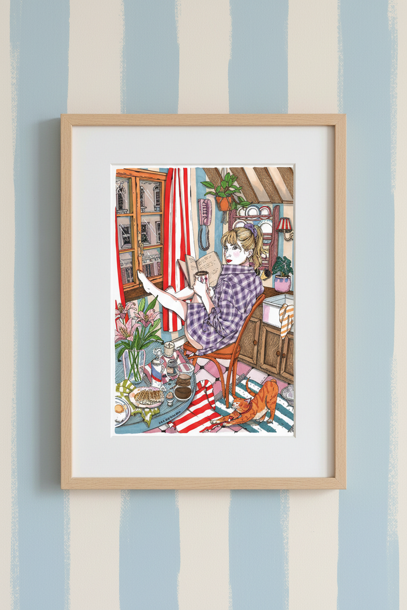 Ventana, café y gato