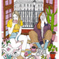 A lively Madrid street scene brings together architecture, people and small details of the city, illustrated print by Ana Jarén
