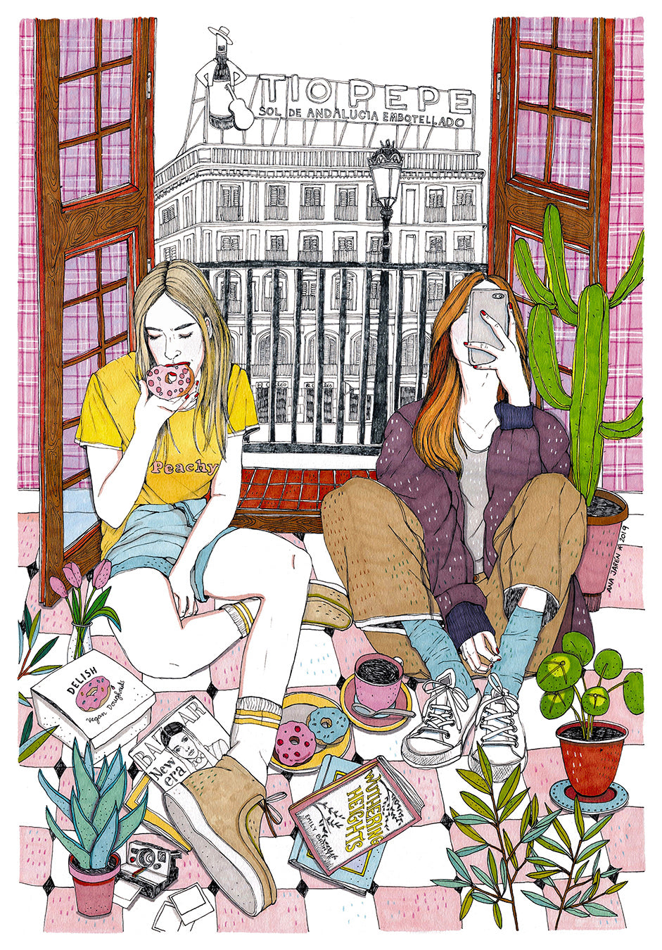 A lively Madrid street scene brings together architecture, people and small details of the city, illustrated print by Ana Jarén