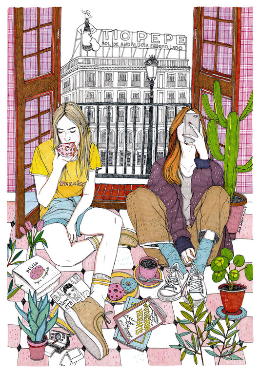 A lively Madrid street scene brings together architecture, people and small details of the city, illustrated print by Ana Jarén