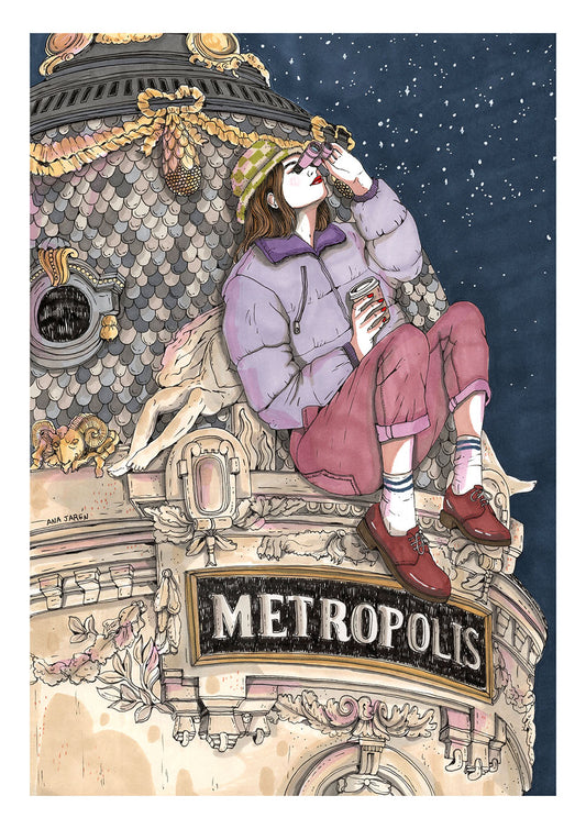 Urban scene inspired by Madrid, featuring architecture and city details, illustrated print by Ana Jarén