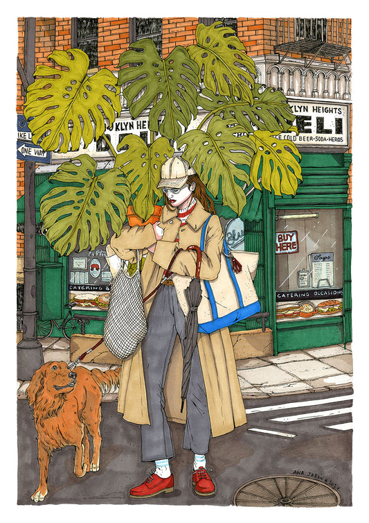 Urban scene with a monstera plant, a dog and a person carrying shopping, illustrated print by Ana Jarén