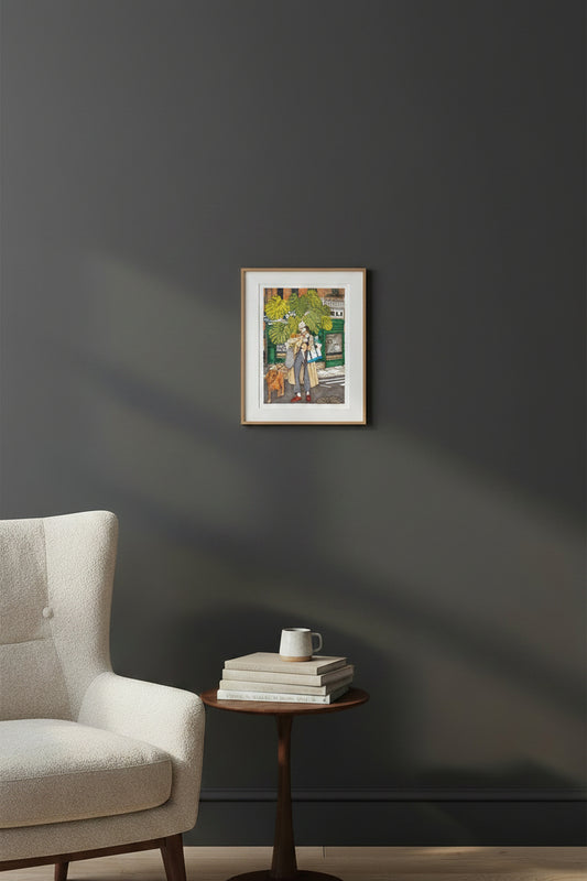 Urban scene with a monstera plant, a dog and a person carrying shopping, illustrated print by Ana Jarén