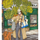 Escena urbana con una planta monstera, un perro y una persona de compras, lámina ilustrada de Ana Jarén.