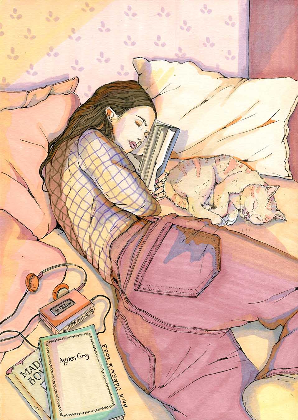 A woman sleeps peacefully in a cosy interior surrounded by objects that suggest an unhurried morning, illustrated print by Ana Jarén