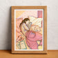 A woman sleeps peacefully in a cosy interior surrounded by objects that suggest an unhurried morning, illustrated print by Ana Jarén