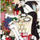 Un couple élégamment habillé se détend près d’une table chargée de champagne, bouteilles, rubans et cadeaux, œuvre originale d’Ana Jarén.