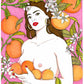 Las naranjas protagonizan una composición luminosa y mediterránea, con el color y las formas de la fruta llenando la escena, lámina ilustrada de Ana Jarén