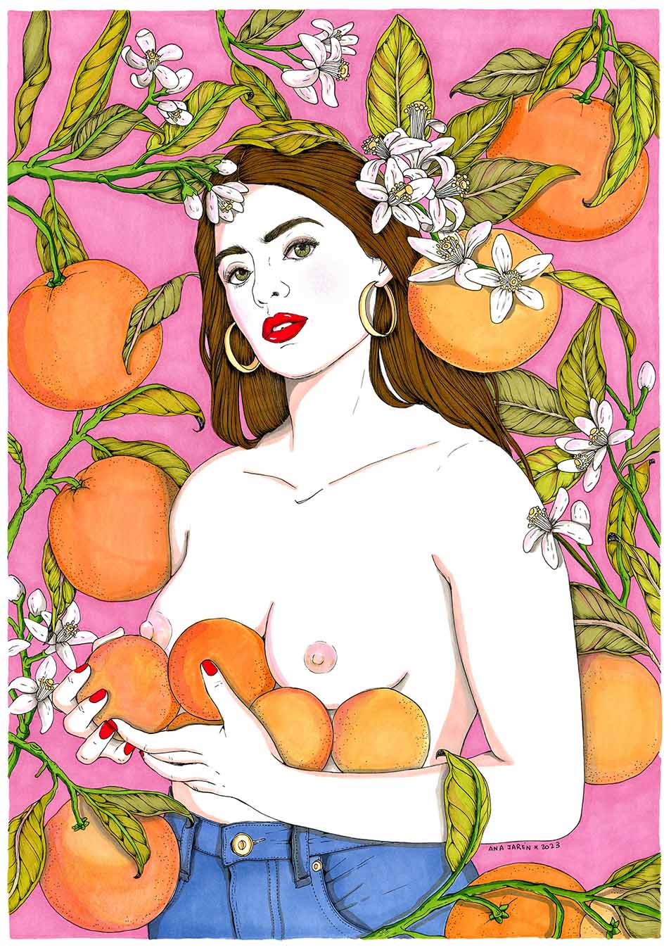 Las naranjas protagonizan una composición luminosa y mediterránea, con el color y las formas de la fruta llenando la escena, lámina ilustrada de Ana Jarén