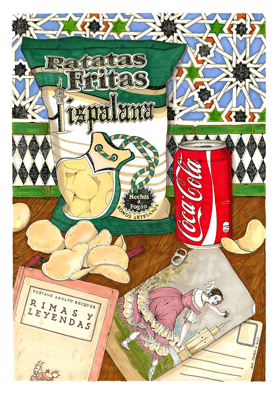 A bag of potatoes becomes the centre of a playful everyday scene, illustrated print by Ana Jarén