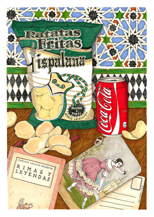 A bag of potatoes becomes the centre of a playful everyday scene, illustrated print by Ana Jarén
