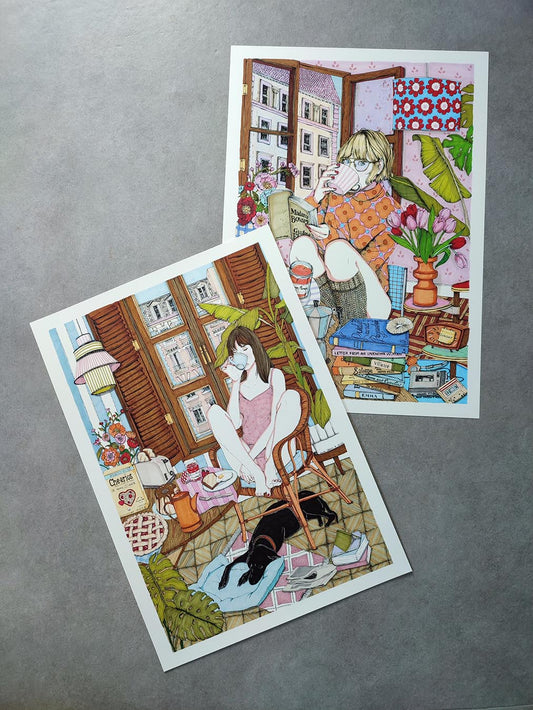 Two art prints connected by the world of coffee and those small pauses that make a quiet morning feel special, illustrated print by Ana Jarén