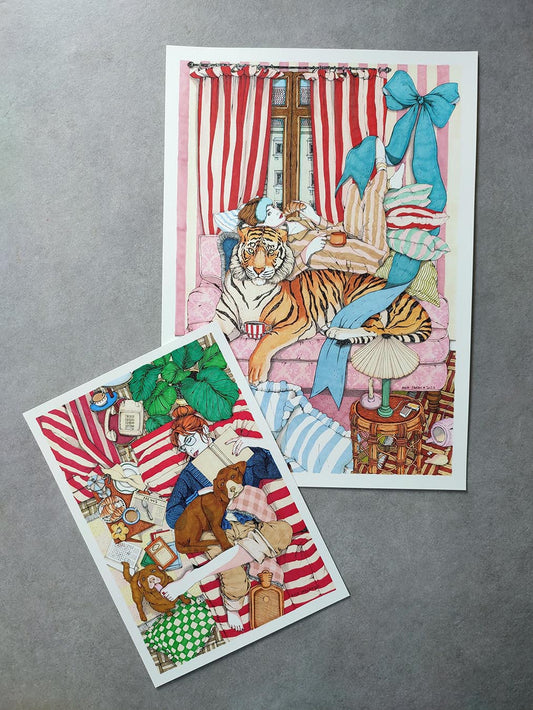 Two art prints built around stripes and simple graphic composition, illustrated print by Ana Jarén