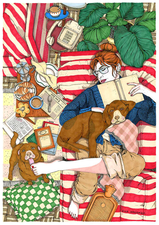 A woman enjoys a quiet moment on the sofa with her dogs, illustrated print by Ana Jarén