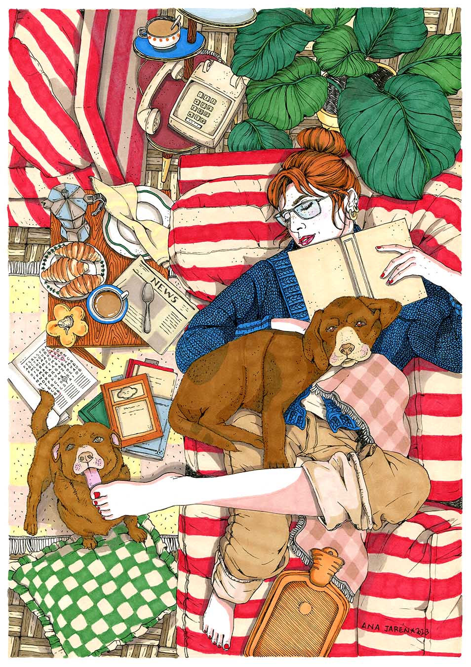 Un sofá y varios perros construyen una escena doméstica llena de vida, cercanía y ese caos amable que aparece cuando compartimos la casa con animales, lámina XL ilustrada de Ana Jarén