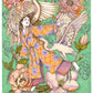 A young woman has just woken up in a soft interior filled with small details, illustrated print by Ana Jarén