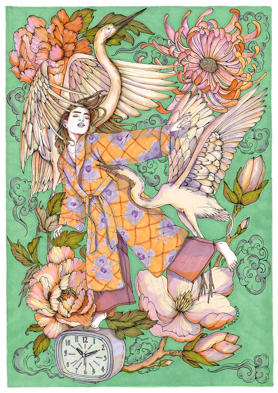 A young woman has just woken up in a soft interior filled with small details, illustrated print by Ana Jarén