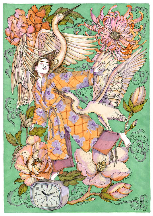 A young woman has just woken up in a soft interior filled with small details, illustrated print by Ana Jarén