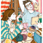 Dos amigas compartiendo desayuno, libros y un momento de complicidad, lámina ilustrada de Ana Jarén.