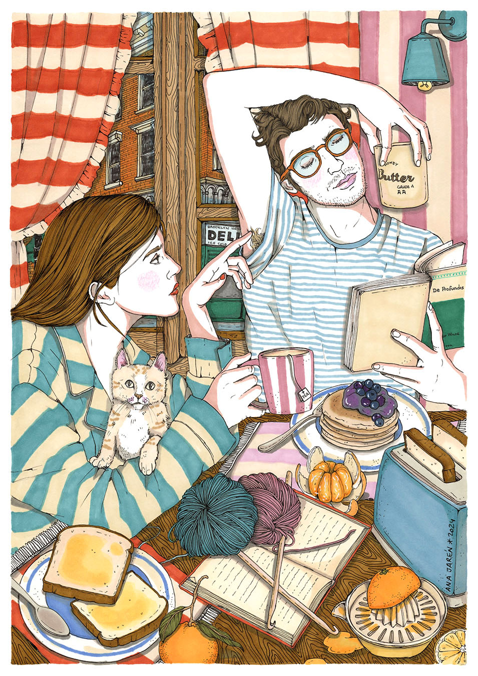 Dos amigas compartiendo desayuno, libros y un momento de complicidad, lámina ilustrada de Ana Jarén.